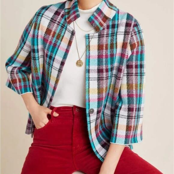 ANTHROPOLOGIE Rosetta Cropped Plaid Sweater Blazer Jacket Sz S {3X13} - Picture 1 of 8